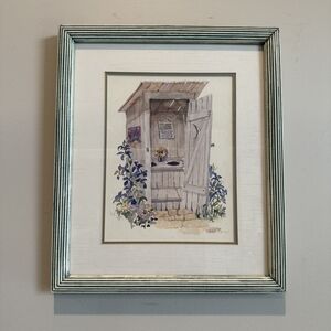 Vintage Sarah Malin Original Watercolor Painting Framed Outhouse Rustic Art Deco